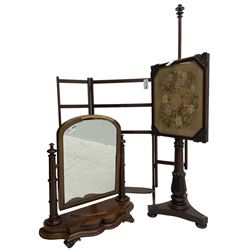 Victorian rosewood pole screen (H146cm); Victorian mahogany dressing table mirror (H75cm); 20th century mahogany folding clothes horse or towel rail (3)