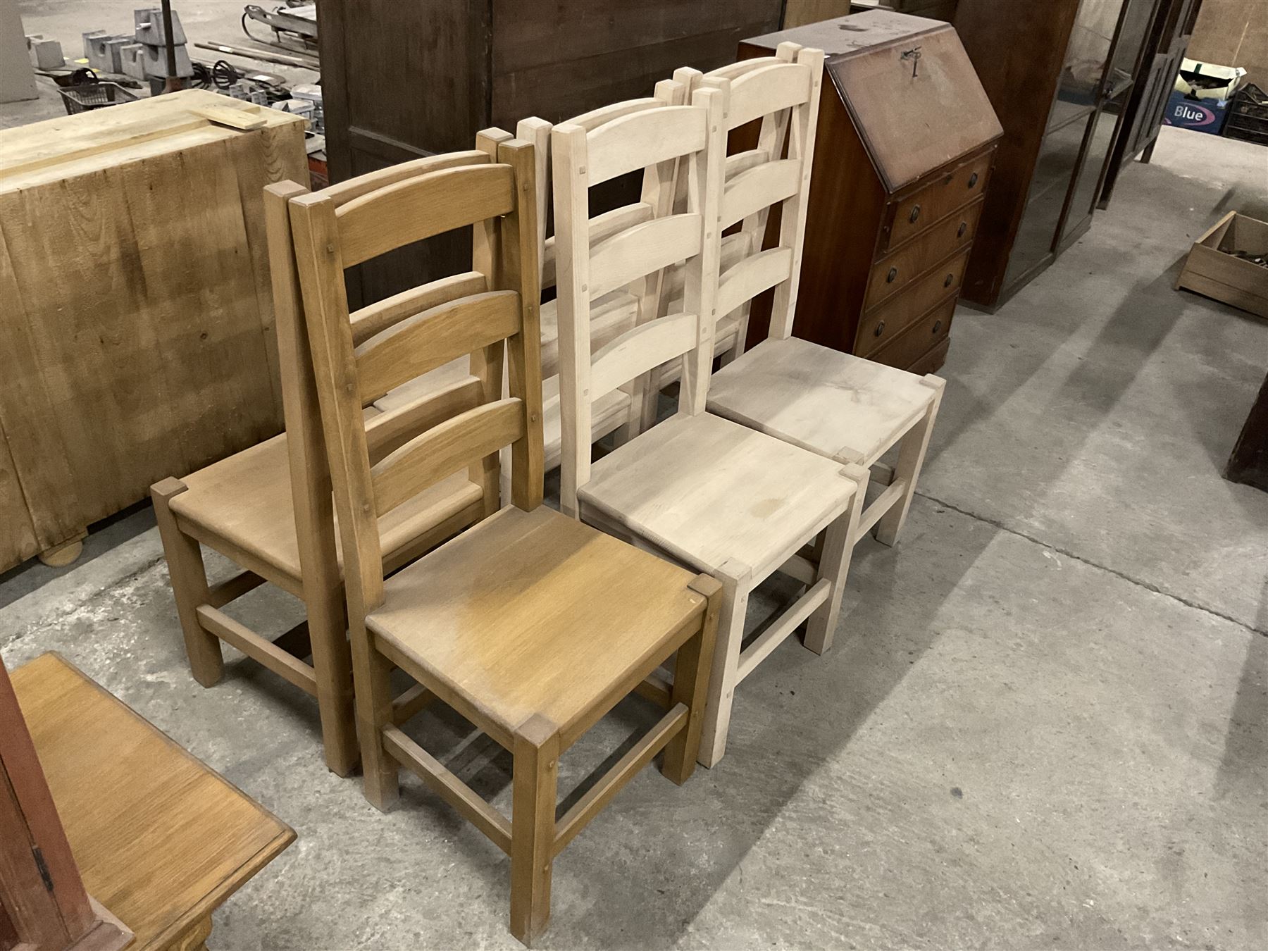 Set of six (4+2) light beech dining chairs, high ladder back over solid seat and square supports  - THIS LOT IS TO BE COLLECTED BY APPOINTMENT FROM THE OLD BUFFER DEPOT, MELBOURNE PLACE, SOWERBY, THIRSK, YO7 1QY