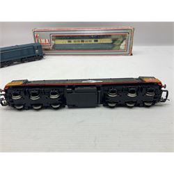 Hornby '00' gauge - Class 90 Electric locomotive with dummy pantograph No.90020 in BR Parcels red; Class 37 Diesel (English Electric Type 3) Co-Co locomotive No.37063 in BR Railfreight grey; Class 47 Diesel Co-Co locomotive 'Isambard Kingdom Brunel' No.47484 in BR Intercity green; and Class 58 Diesel Co-Co locomotive 'Bassetlaw' No.58034 in BR Railfreight red stripe; together with unmarked Diesel Bo-Bo locomotive No.8003; and Fleischmann diesel Bo-Bo locomotive No.221 110-0 in DB blue/cream; in unassociated Lima box (6)
