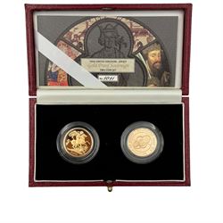 The Royal Mint 2000 gold proof sovereign two-coin set, comprising United Kingdom and Jersey sovereign coins, cased with certificate 