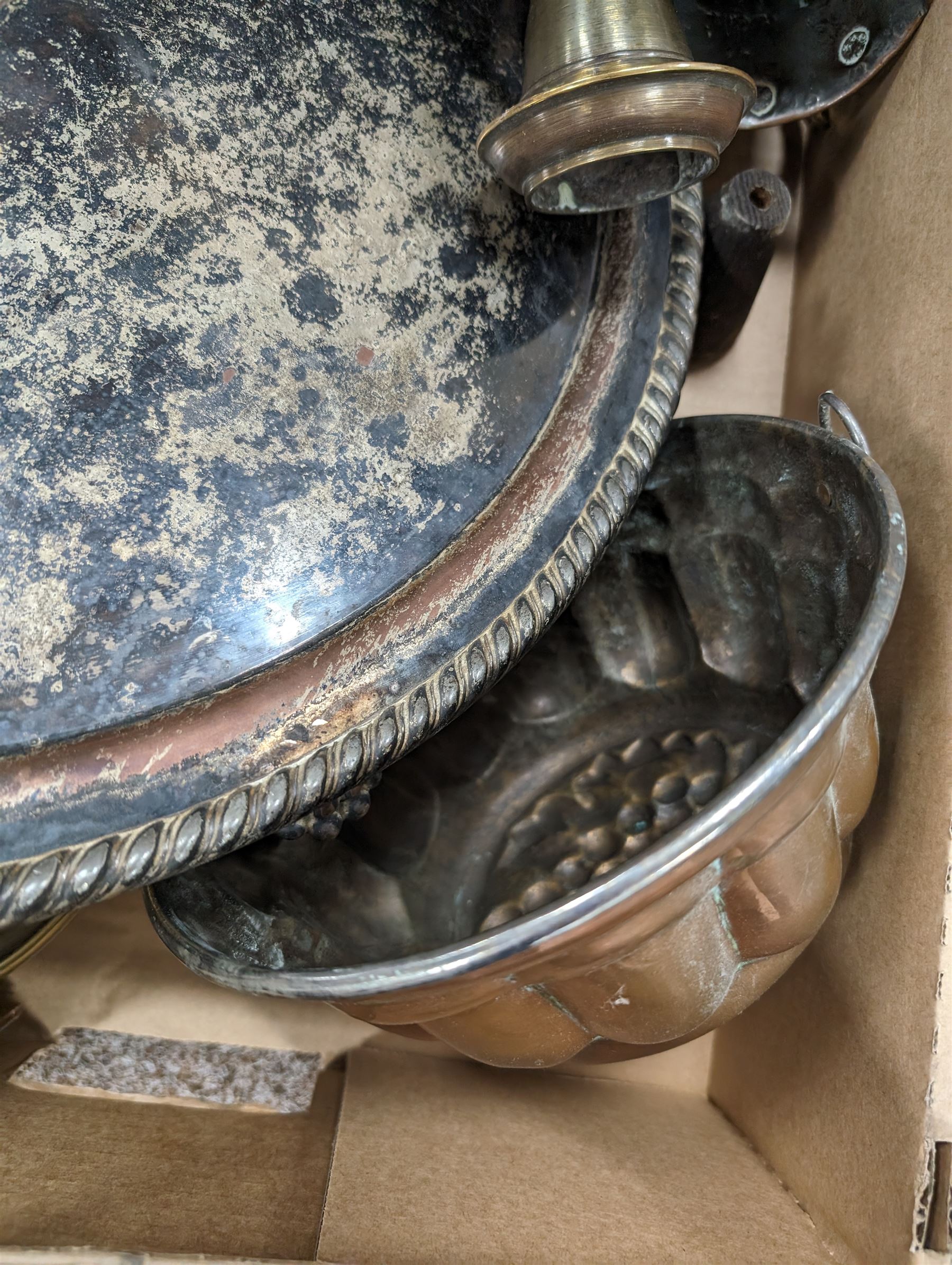 Large silver plated footed twin handled tray, engraved with crest to centre, together with a copper mould and other metalware 