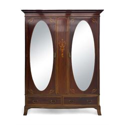 Maples & Co. - Edwardian mahogany wardrobe, projecting cornice over frieze inlaid with che...