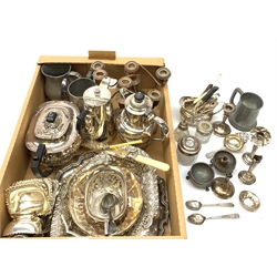 A pair of small silver mounted candlesticks, (a/f), a silver mounted cut glass dressing table jar, silver mounted cut glass atomiser,  further pair of small silver candlesticks and two silver teaspoons (candlesticks and spoons heavily at fault), together with a collection of silver plate, to include a waiter with beaded and shell detailed rim, a pierced and embossed basket, a lobed swing handled dish, teaset comprising teapot, milk jug, jug and twin handled sucrier, pair of twin branch candlesticks, small group of flatware, etc. 