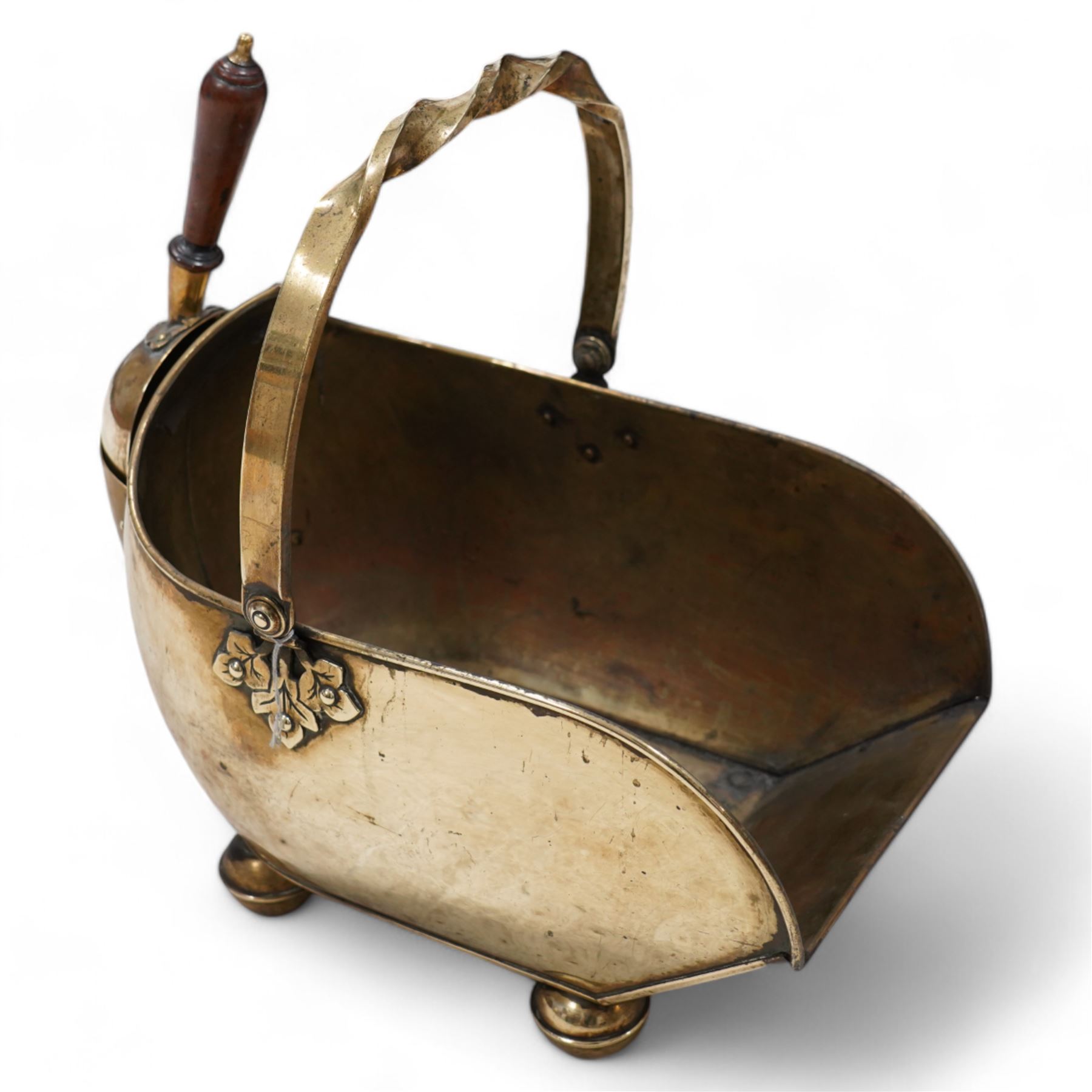 Victorian brass coal scuttle, fitted with arched twist handle and rear coal shovel