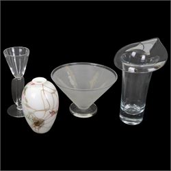 Four art glass vases, comprising a William Walker example, of baluster form, with abstract pink, green and brown decoration upon a white ground, with signature to base, a clear Simon Moore goblet example, a clear Jack in the Pulpit glass vase and a conical footed frosted glass bowl, signed Glassworks, tallest H28cm