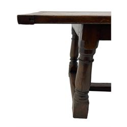 20th century Jacobean design oak refectory dining table, rectangular plank top with cleated ends, on turned supports united by H-stretchers 