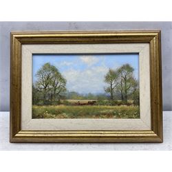 James Wright (British 1935-): 'Birch Farm' 'Ploughing Team' 'Time for Rest' 'South Mill' 'Copley Thorns' Norfolk Landscapes, set of five oils on board signed, titled on labels verso max 17cm x 27cm (5)