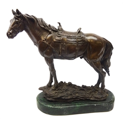  Bronze study of a saddled horse after F. Raillet, green marbled base, H26cm  
