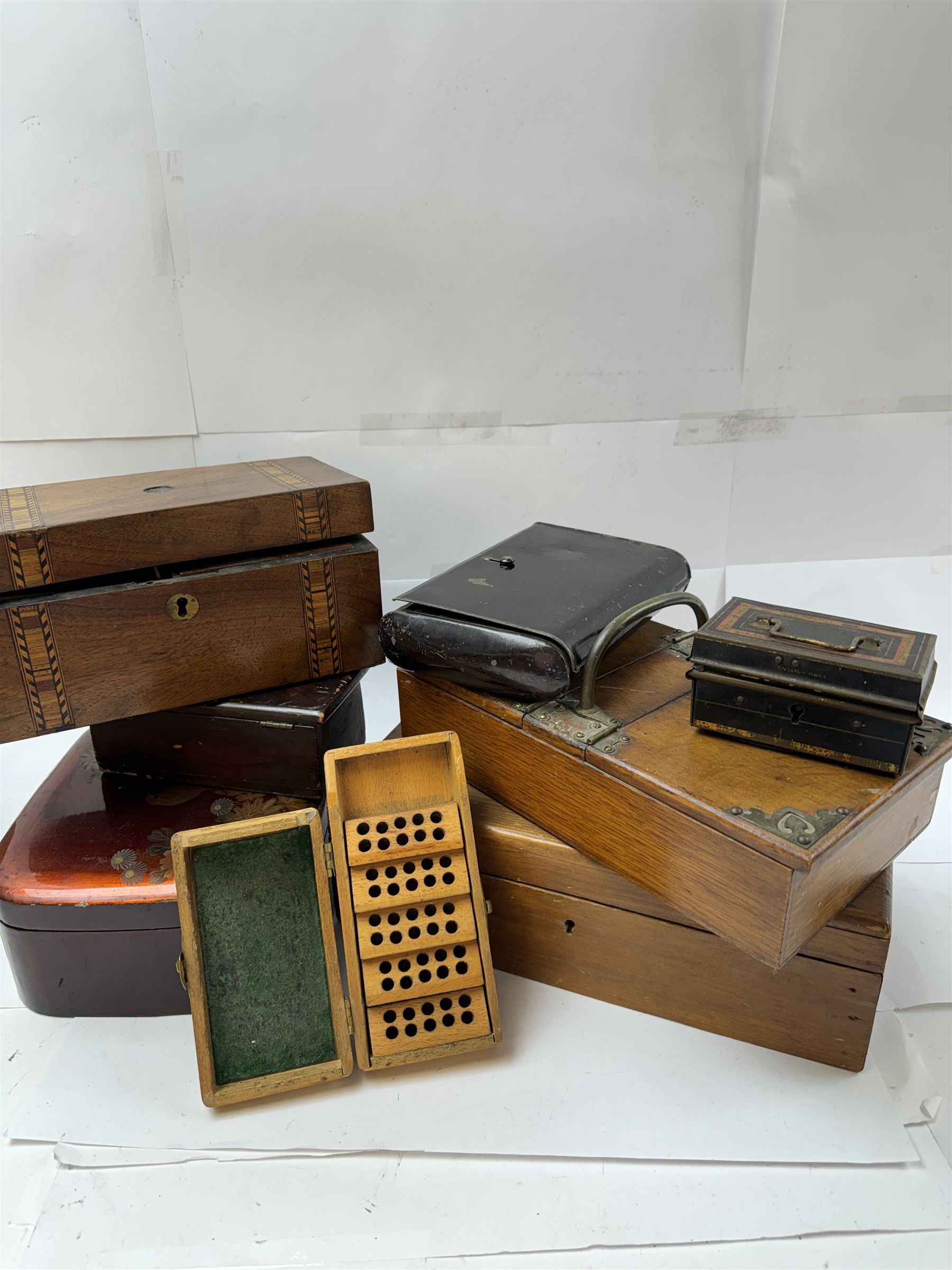 Group of wooden boxes and tins, including oak two compartment cigarette box, money tins, inlaid tea caddy, etc