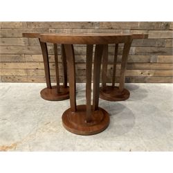 Three walnut circular bar or bedroom occasional tables