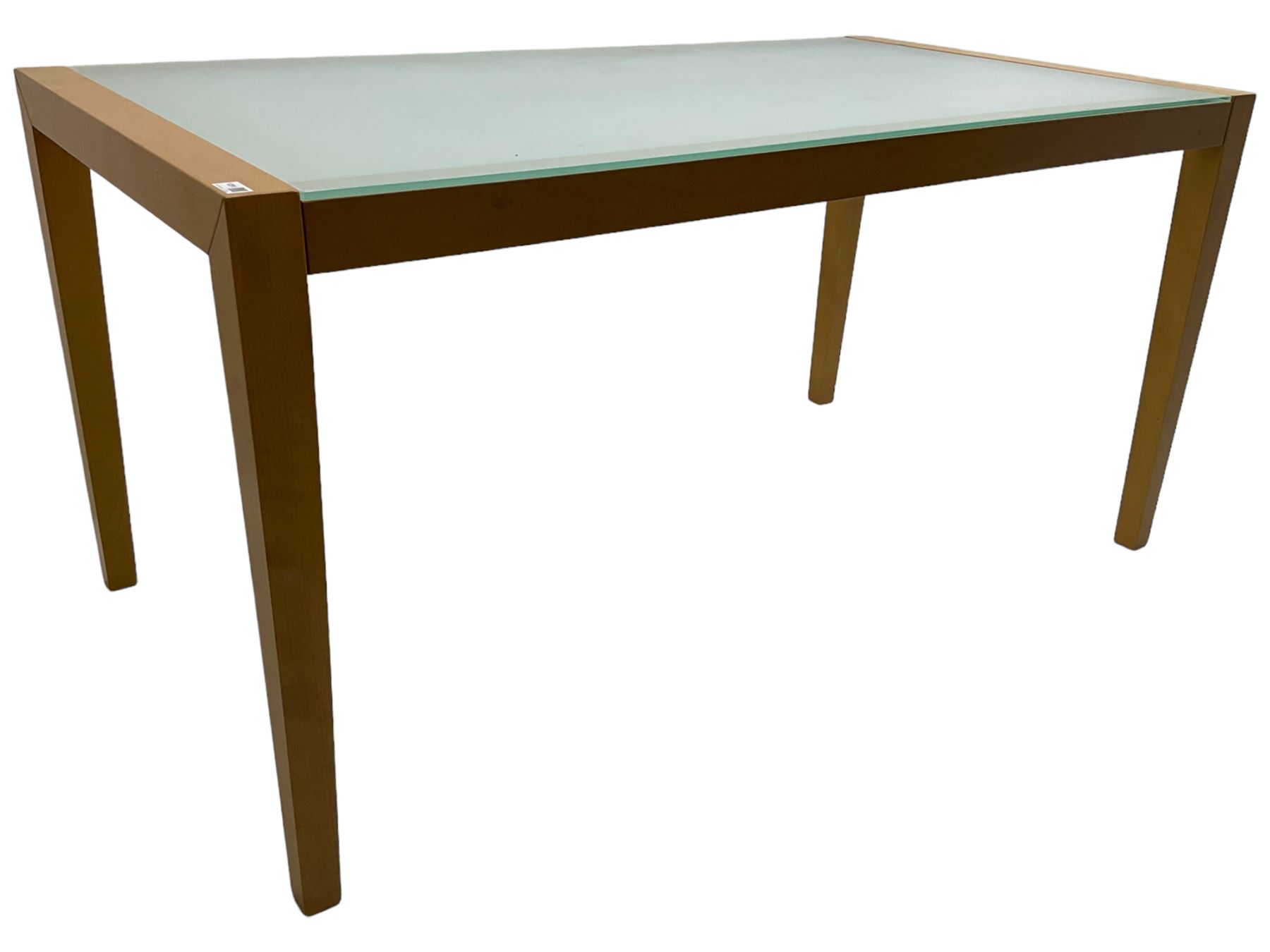 Contemporary beech framed dining table, rectangular frosted glass top on beech frame, square tapering supports