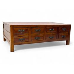 Late 19th century hardwood coffee table, rectangular top above sixteen small drawers with ...