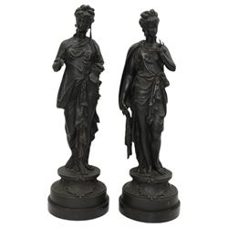 Pair of 19th century French spelter figures 'Eloquentia' and 'Prudentia' on wooden bases H52cm