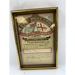 Four late 19th century/early 20th century passage broker certificates, for shipping lines including Allan Royal Mail Line, Beaver Line of Passenger Steamers, Shaw Savill & Albion Co Ltd and The New Zealand Shipping Company Limited, all within glazed wooden frames, largest H38cm