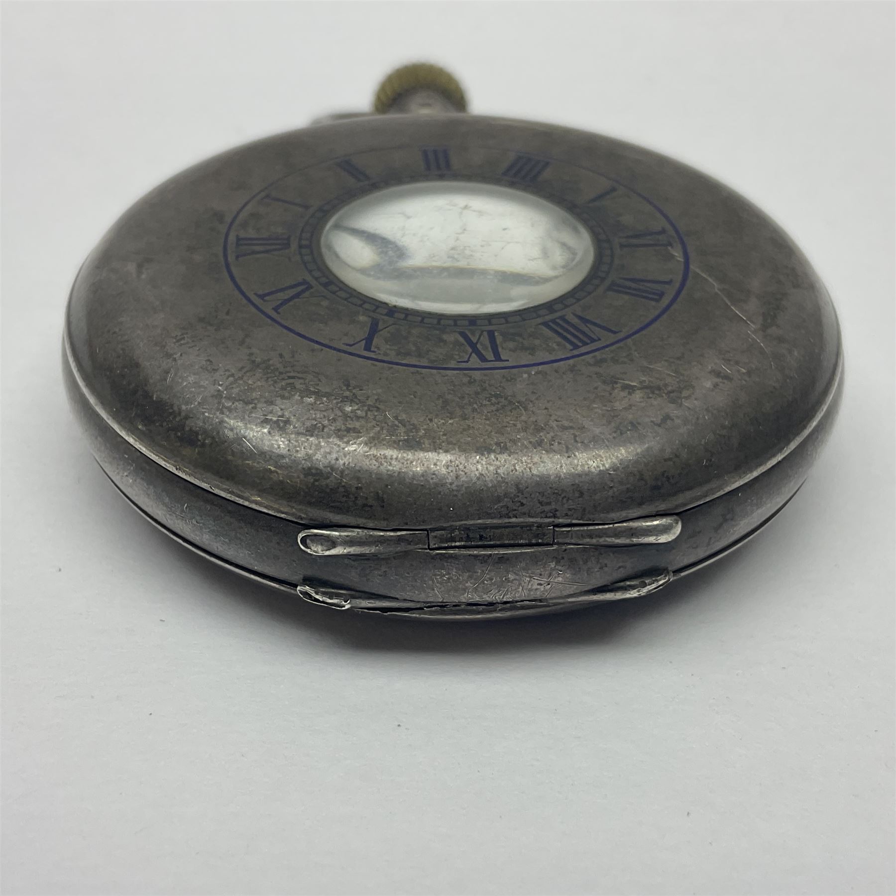 Early 20th century J.W Benson silver half hunter commemorative pocket watch, commemorating the coronation of King George VI, engraved verso with crowned GR VI cipher dated 1937, with white enamel Roman numeral dial and Arabic numeral subsidiary seconds dial, the silver case with blue enamel Roman numeral chapter ring surrounding glazed cover, hallmarked