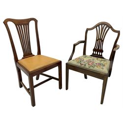 Early 19th century mahogany elbow chair, shaped cresting rail over pierced splat, floral needlework upholstered seat, on square tapering moulded supports (W56); early 20th century mahogany side chair (2)