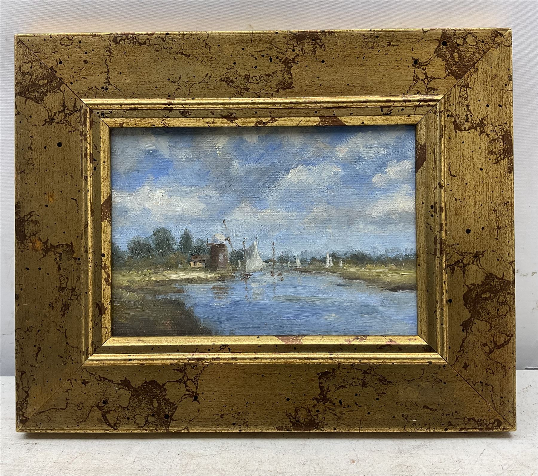 English Impressionist School (20th century): Dutch Landscape with Windmill and Boats, oil on canvas board unsigned 11cm x 16cm