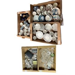 Collection of silver plated flatware, together with glassware, decanter and other collectables in five boxes  