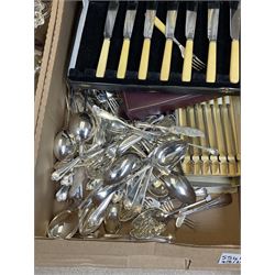 Metalware, mostly silver plate, to include entree dish and cover, bottle coasters, pedestal dishes, large quantity of cased and uncased flatware, small copper twin handled pan, etc., in two boxes