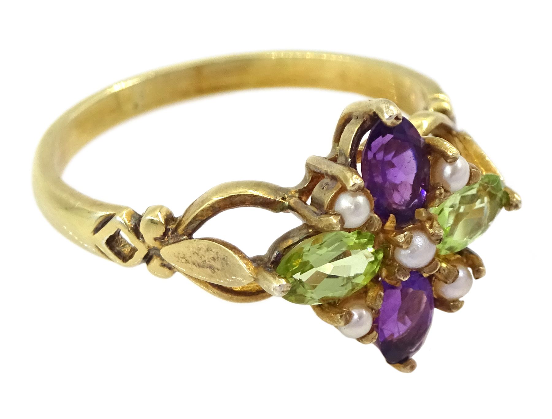 Silver-gilt peridot, amethyst and pearl ring, stamped