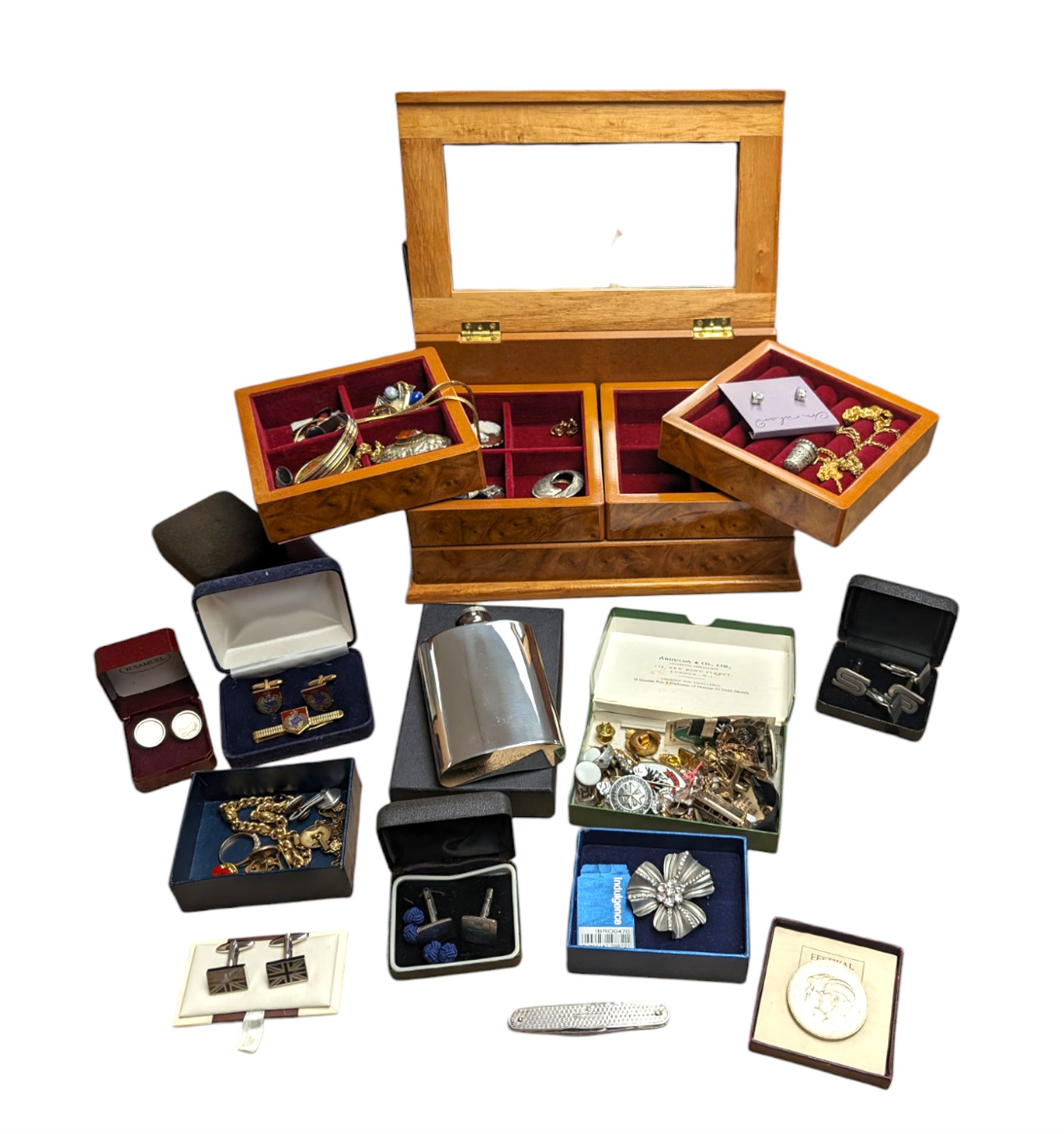 Collection of costume jewellery, including gold plated curb link bracelet, pin badges, charms, rings and jewellery boxes, together with an Edwin Blyde pewter hip flask etc 