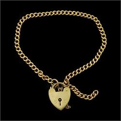 15ct gold curb link bracelet, each link stamped 15 625, with later 9ct gold heart locket c...