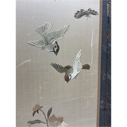 Two Oriental silk and wooden screens embroidered with birds and blossoming branches, largest H88cm 