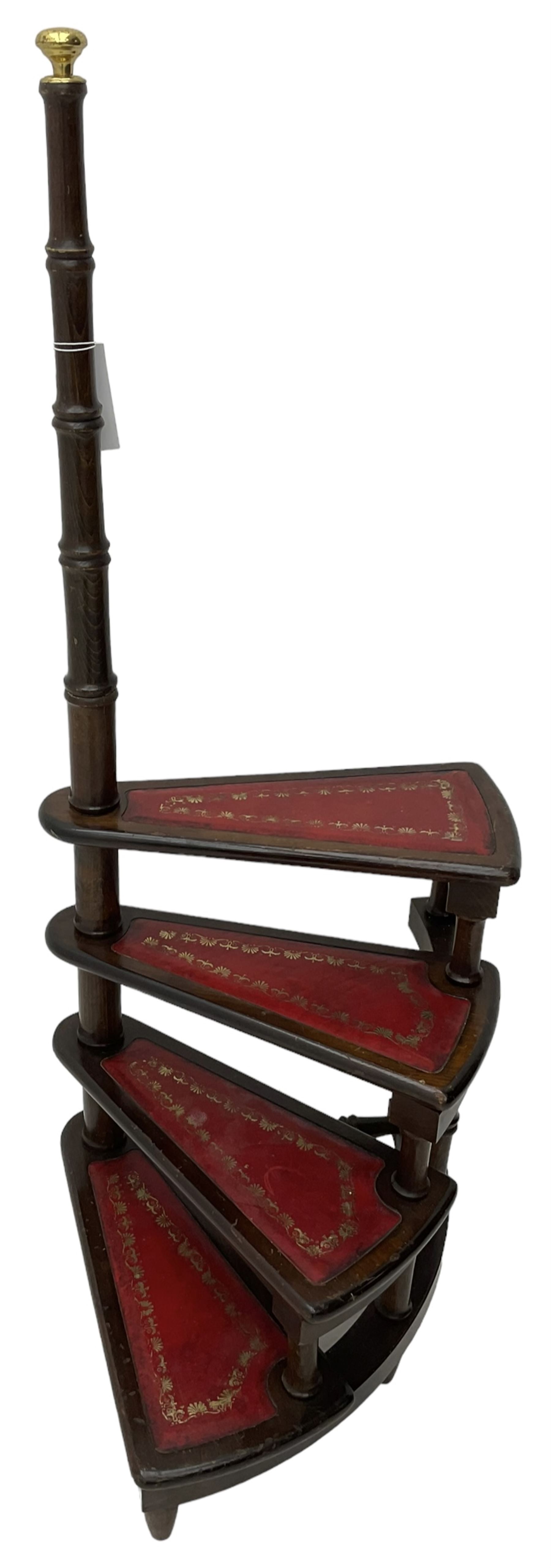 Georgian design stained beech library steps, four steps each with inset leather, on turned post with brass finial 