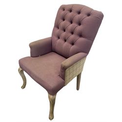 Voyage - four high back armchairs upholstered in buttoned lilac and tweed fabric, painted cabriole legs