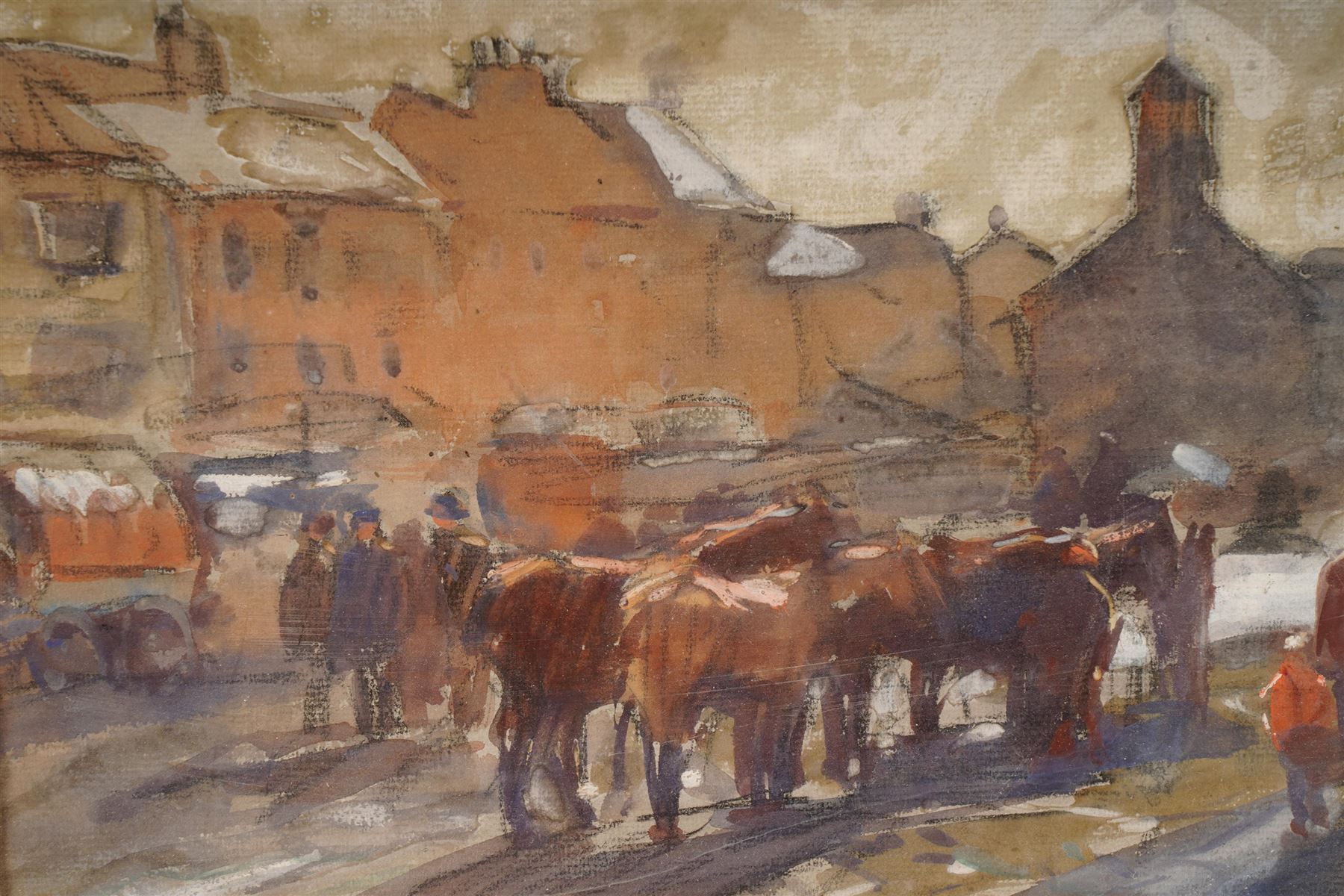 John Atkinson (Staithes Group 1863-1924): Horses and Wagons in the Town Square, watercolour signed and dated '10, 20cm x 25cm