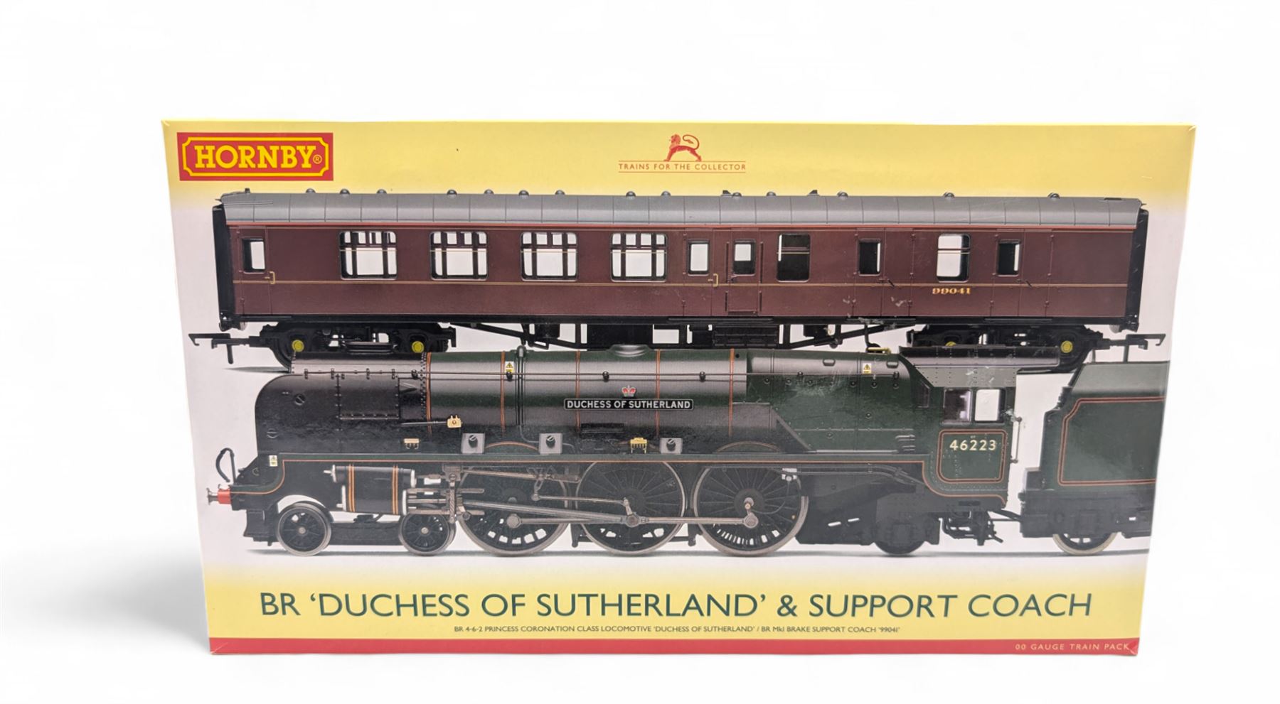 Hornby '00' gauge BR Duchess of Sutherland and Support Coach Train Pack R3221, comprising BR Princess Coronation Class 4-6-2 Duchess of Sutherland locomotive no. 46233 and BR MkI Brake Support Coach no. 99041, both in maroon livery, in original box