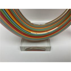 Three art glass sculpture, coiled form with multicolour stranded, upon clear glass plinth, unsigned, largest H27cm