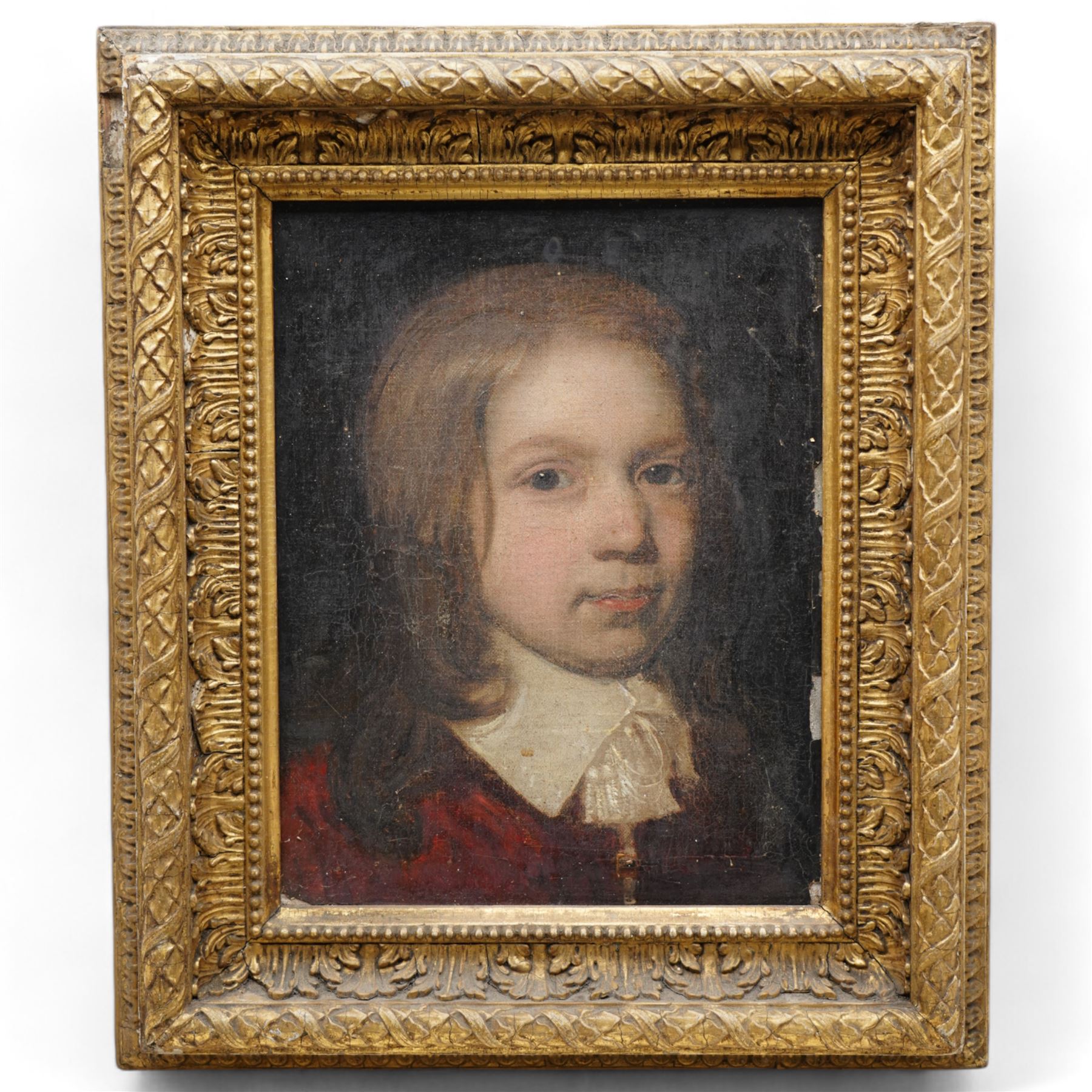 Dutch School (18th century): Portrait of a Boy in a Red Jacket, oil on canvas unsigned, in acanthus moulded gilt frame 31cm x 24cm