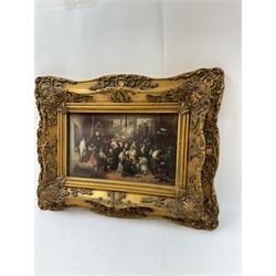 Transfer print on porcelain tile decorated with a market scene, signed lower right and stamped Vienna verso, set in a heavy gilt frame, H41cm, L54cm