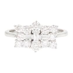 Platinum round brilliant cut and baguette cut diamond cluster ring, hallmarked, total diam...