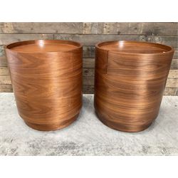 Pair of walnut circular barrel shaped lamp tables, fitted with single drawer