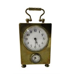 French - petite early 20th century French brass cased travelling alarm clock, with bun fee...