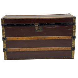 Early to mid 20th century wood and metal bound trunk, with hinged dome lid