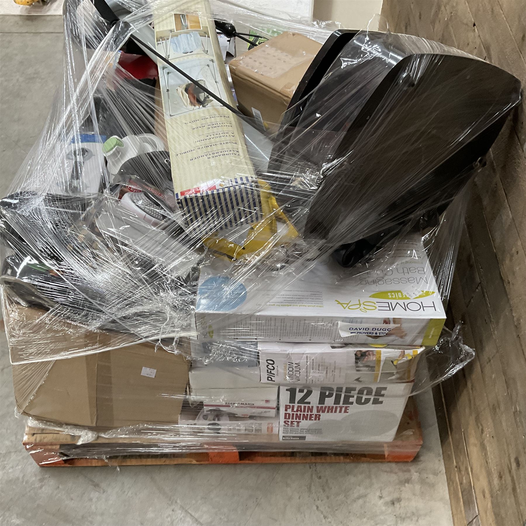 Four pallets of domestic goods to include, cleaning equipment, vacuums, exercise equipment, cooking items, Brother printer, garden loungers, irons and more… approx. 60 items