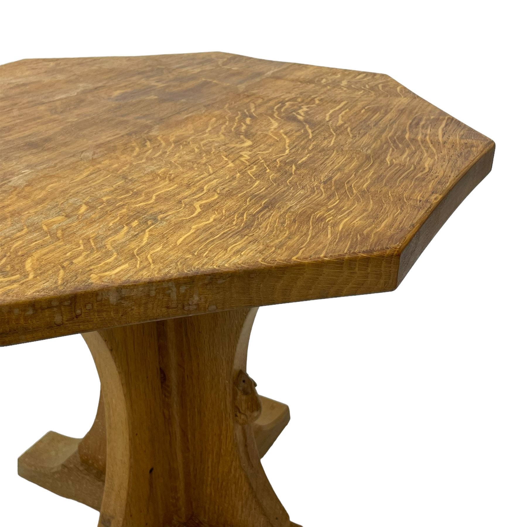 Mouseman - oak occasional table, octagonal adzed top, cruciform pedestal on sledge feet, carved with mouse signature, by the workshop of Robert Thompson, Kilburn 