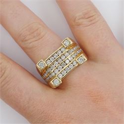 Gold channel set round brilliant cut diamond ring, with four diamonds set at each corner, hallmarked 9ct, total diamond weight 1.59 carat