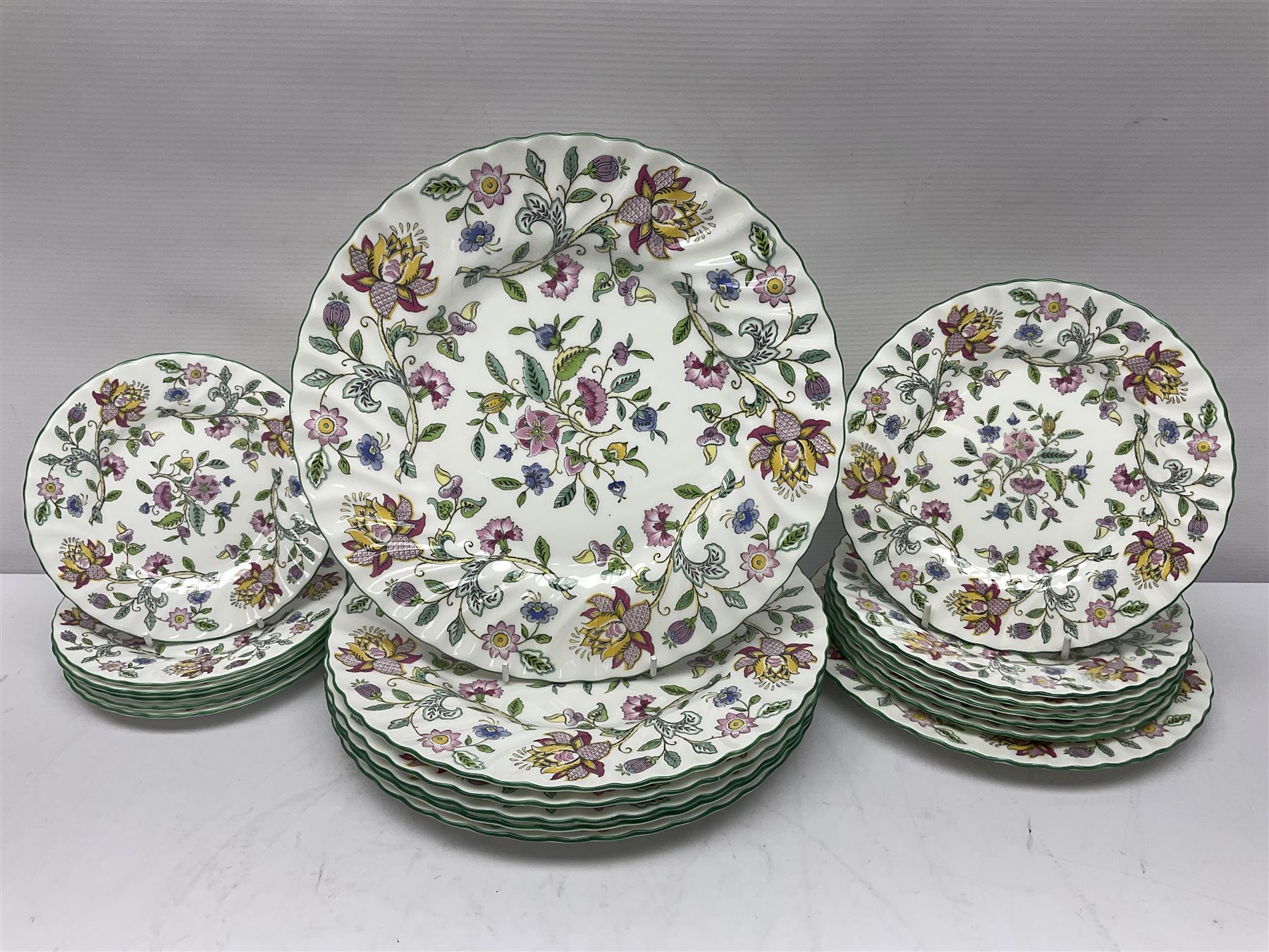 Minton Haddon Hall part tea and dinner service, including six cups and saucers, six dinner plates, six side plates, six twin handled bowls and saucers etc (44) 