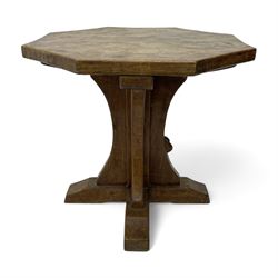 Mouseman - oak occasional table, octagonal adzed top, cruciform pedestal on sledge feet, carved with mouse signature, by the workshop of Robert Thompson, Kilburn 