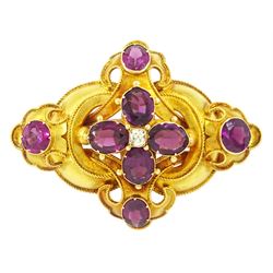 Victorian 18ct gold garnet and chrysoberyl brooch, with applied wirework decoration