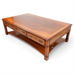 Siesta - Georgian design figured walnut coffee table, rectangular top with moulded edge, fitted with three cock-beaded and crossbanded drawers to each side, on square moulded supports united by a concave under-tier