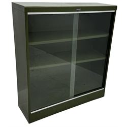 Mid-20th century 'Leabank' metal display cabinet, two sliding glass doors enclosing two adjustable metal shelves, olive green finish with chrome trim