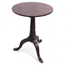 George III mahogany tripod table, circular tilt-top on ring turned gun barrel pedestal, on...