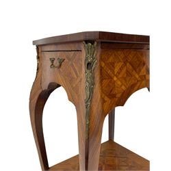 Late 20th century French design Kingwood lamp table, shaped form with geometric parquetry inlaid top within band and raised lip, fitted with single drawer and slide, on cabriole supports united by undertier, decorated with ornate cast gilt metal mounts and terminal caps 