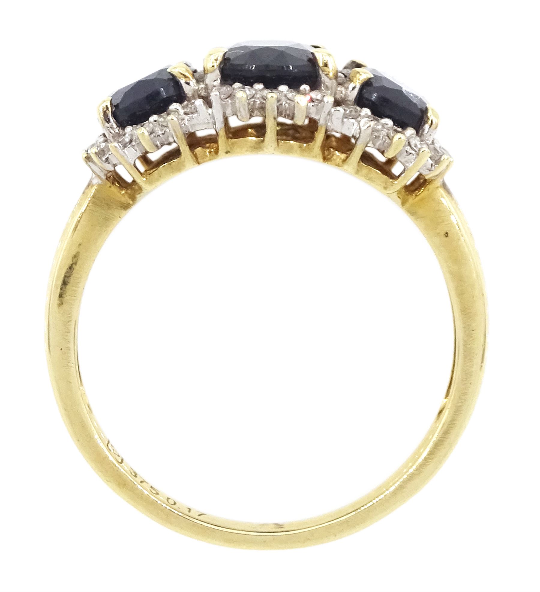 9ct gold three stone oval cut sapphire and round brilliant cut diamond cluster ring, hallmarked