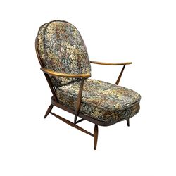 Lucian Ercolani for Ercol - mid-20th century beech and elm 'Windsor 203' two-seat sofa, wingback design upholstered in floral pattern over sprung seat and backrest, open curved arms, on splayed supports with stretchers (W133cm, D87cm, H90cm); matching easy chair (W70cm, D97cm, H82cm)